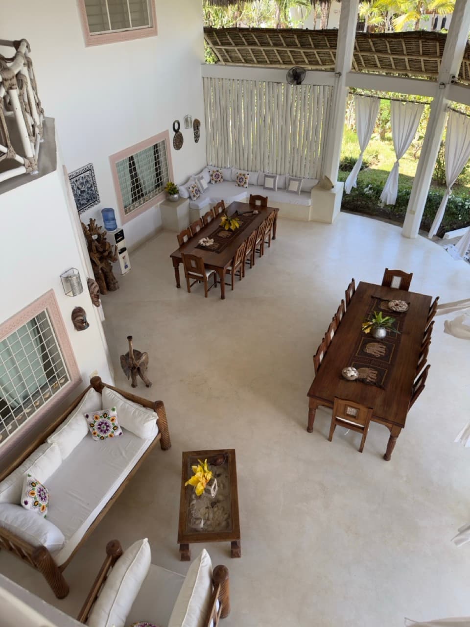 Overhead view of the dining pavilion with thatched roof, Villa Chris House Watamu